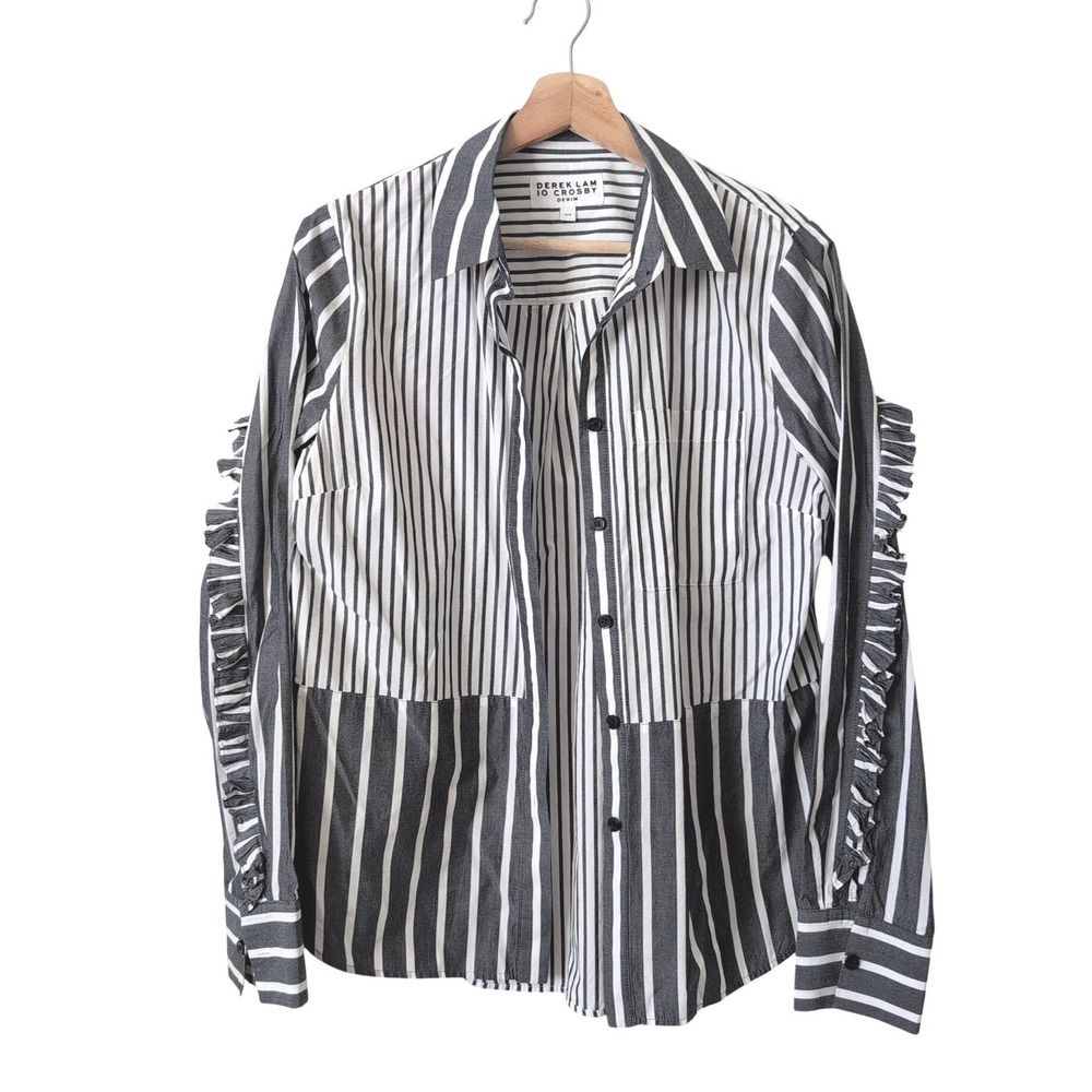 Derek Lam 10 Crosby Denim Striped Ruffle Sleeve Button Down Shirt Black White M‎